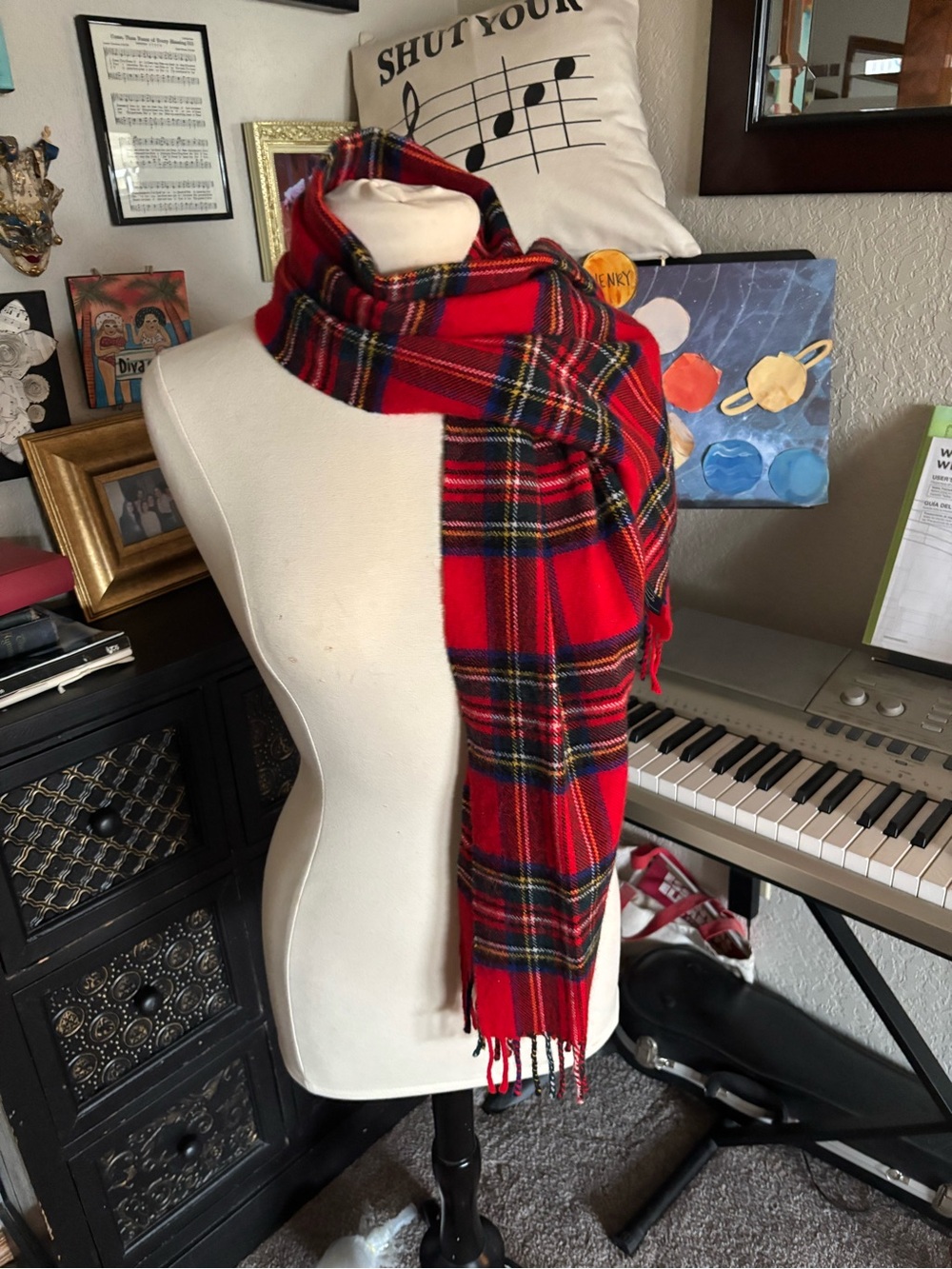 100% Lambswool Red Stewart Tartan Plaid Scarf - Classic Winter Accessory